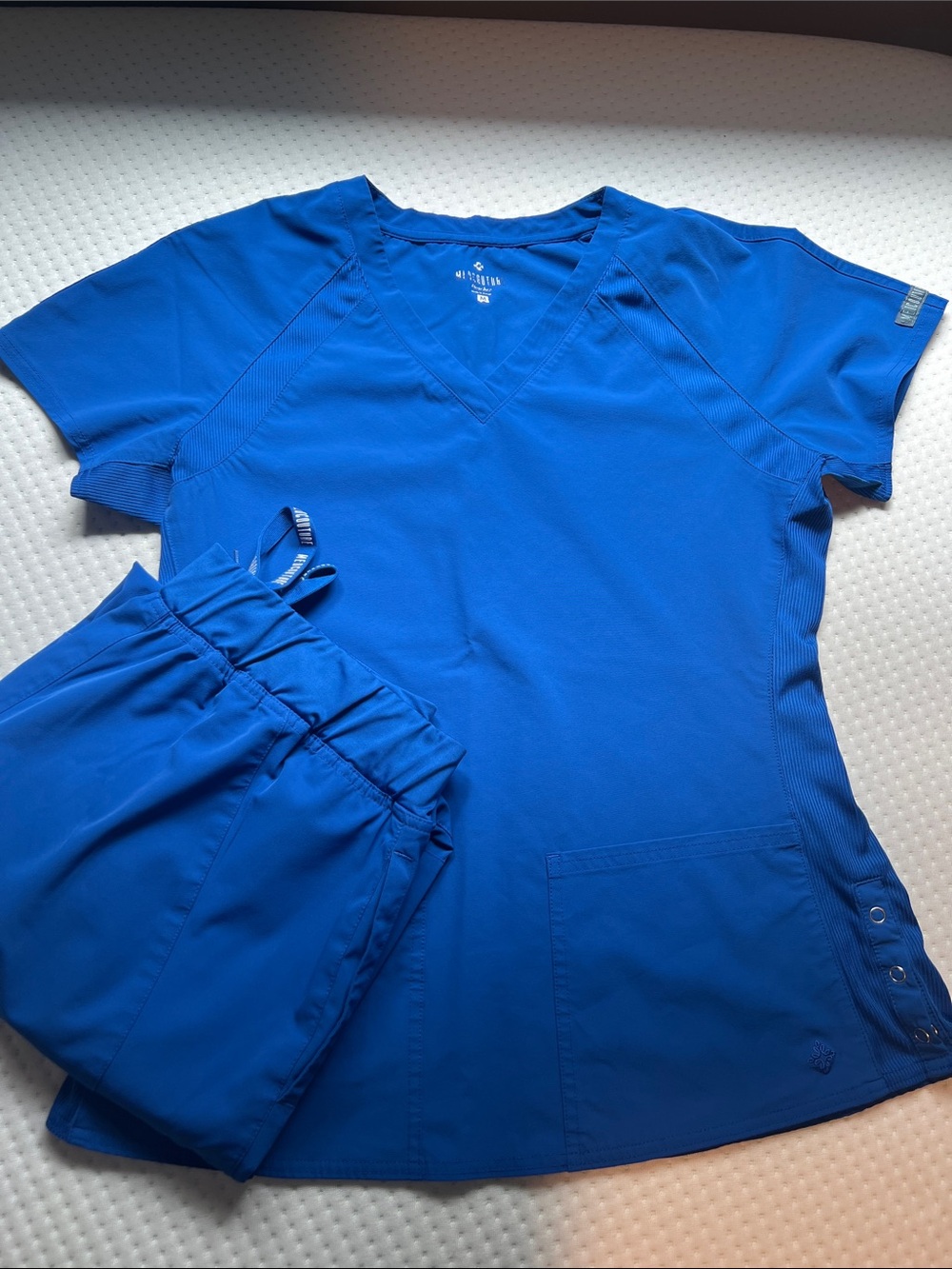 Med Couture Royal Blue V-Neck Scrub Top with Matching Drawstring Pants